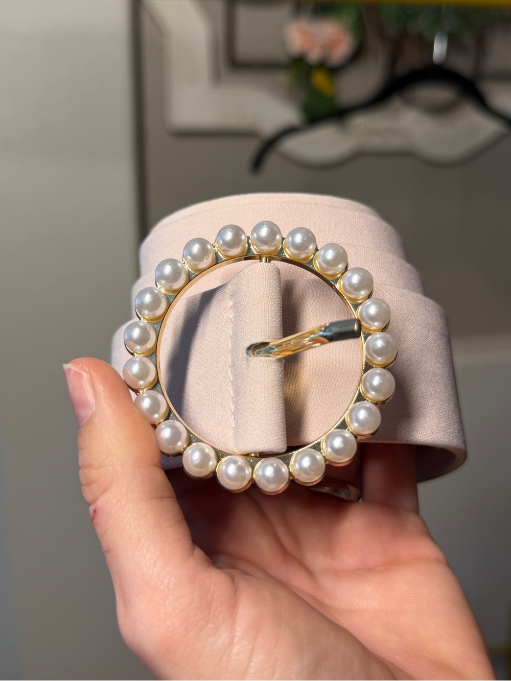 Pearl-Trim Round Gold Belt Buckle on Blush Strap